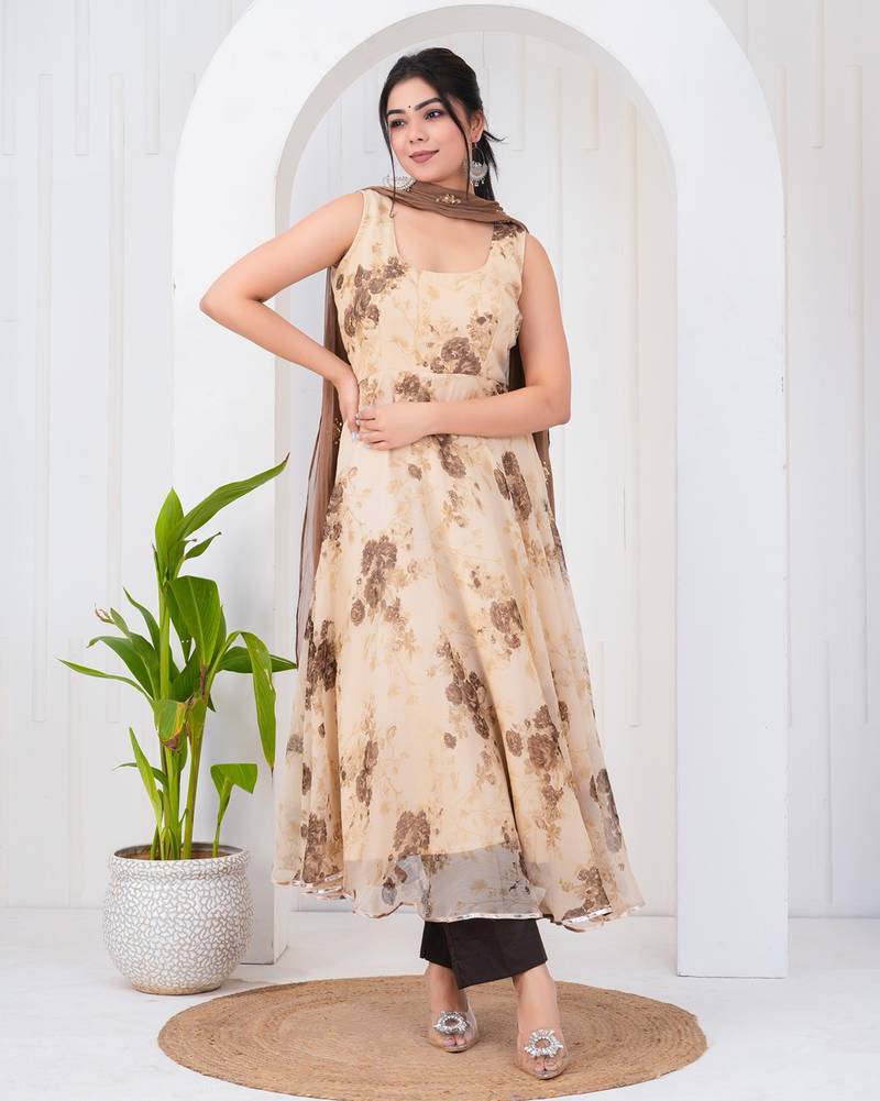 Light brown chiffon embroidered kurta sets