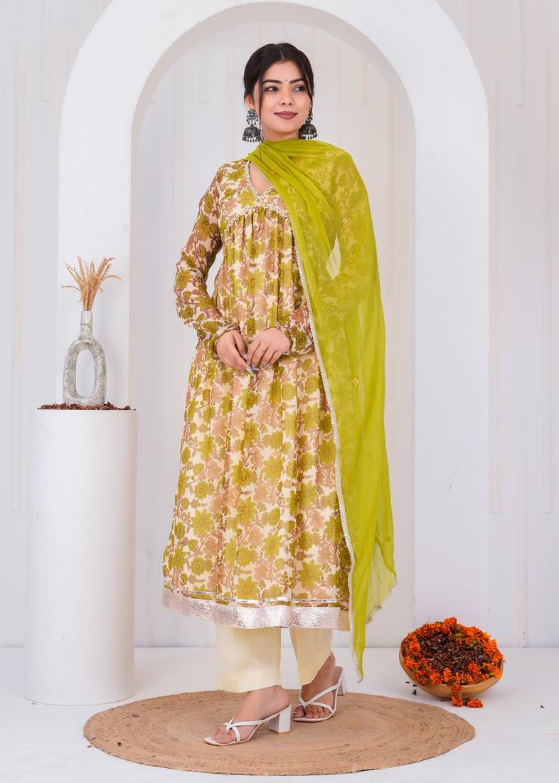 Green chiffon embroidered kurta sets