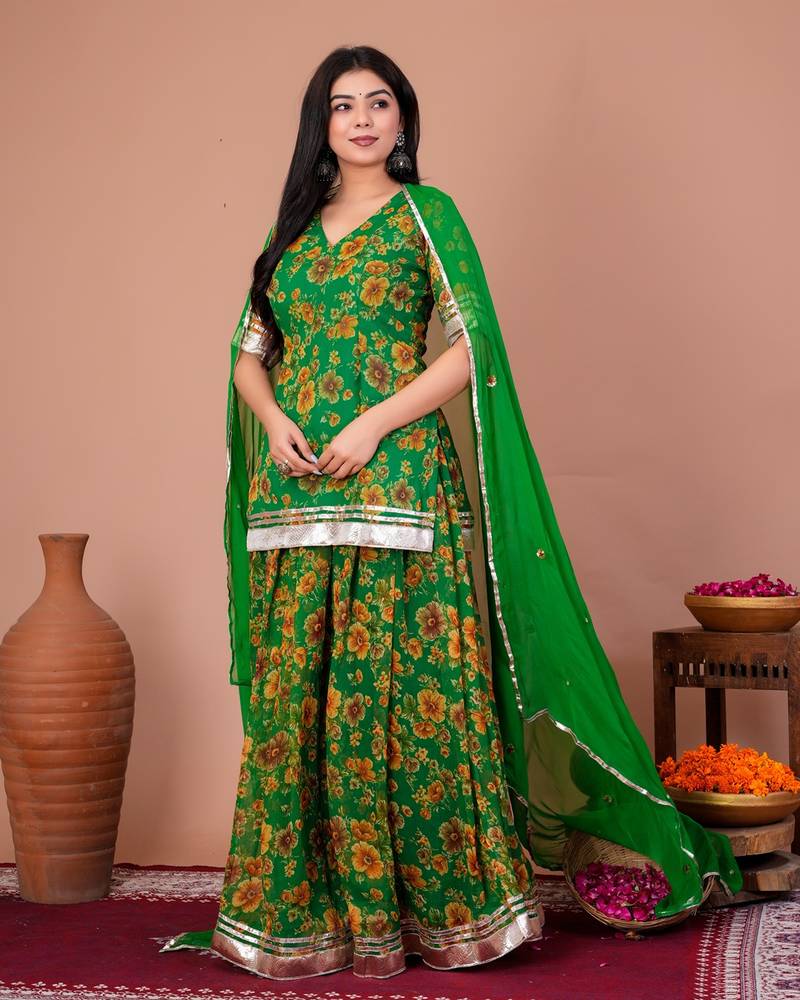 Green chiffon embroidered kurta sets