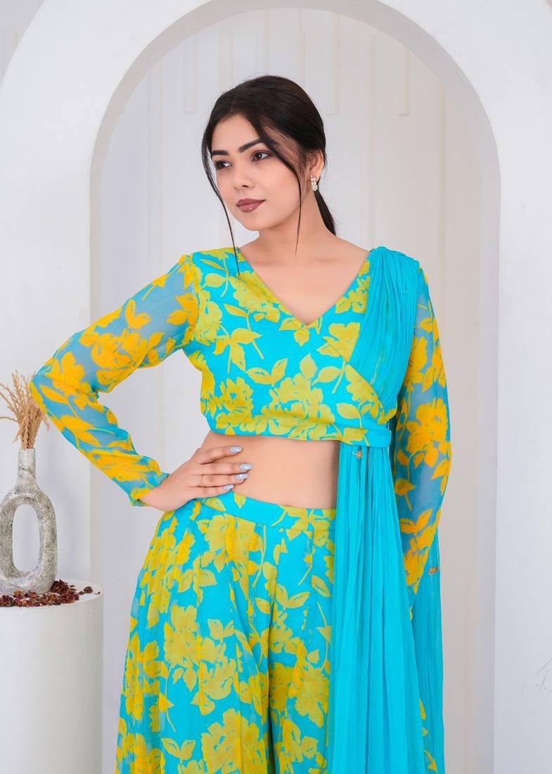 Blue chiffon embroidered kurta sets