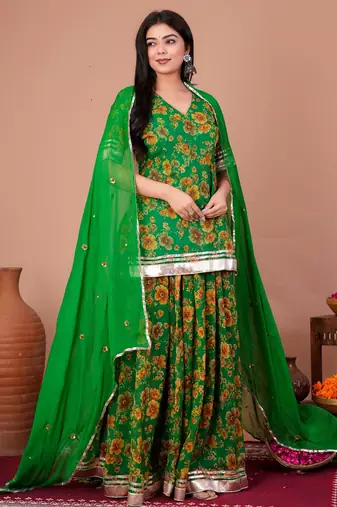 Green chiffon embroidered kurta sets