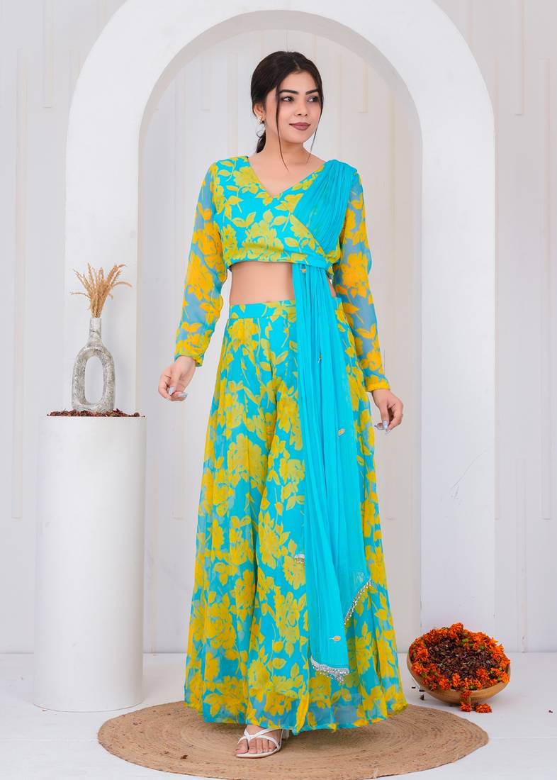 Blue chiffon embroidered kurta sets
