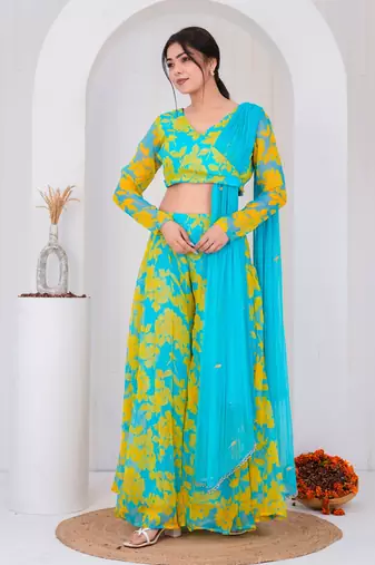 Blue chiffon embroidered kurta sets