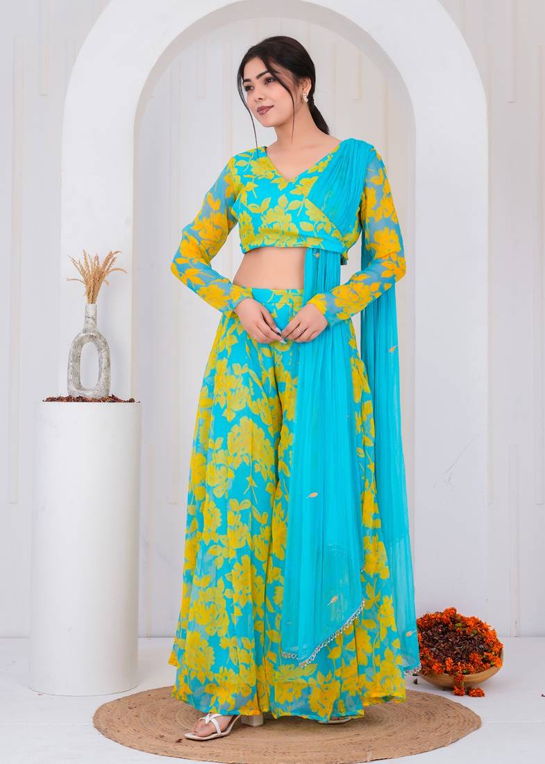 Blue chiffon embroidered kurta sets