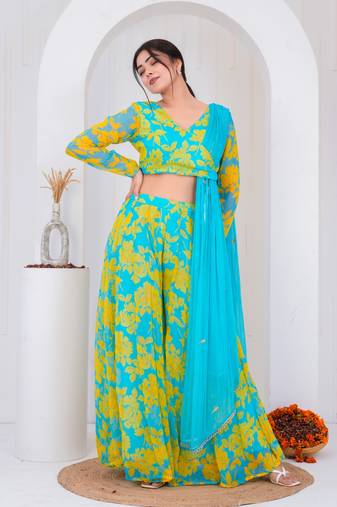 Blue chiffon embroidered kurta sets