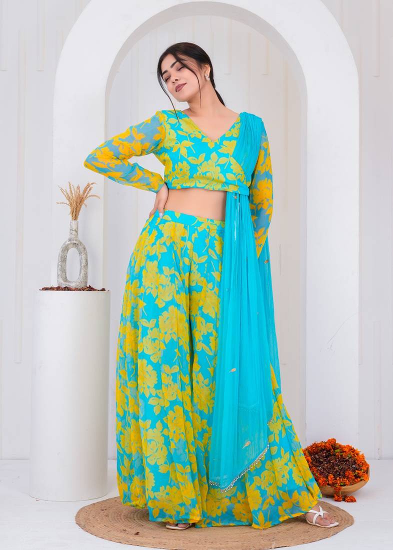 Blue chiffon embroidered kurta sets