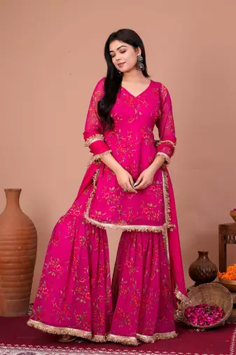 Pink chiffon embroidered kurta sets