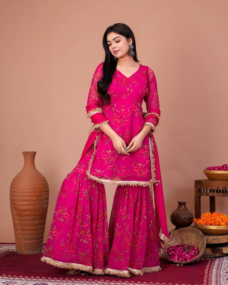 Pink chiffon embroidered kurta sets