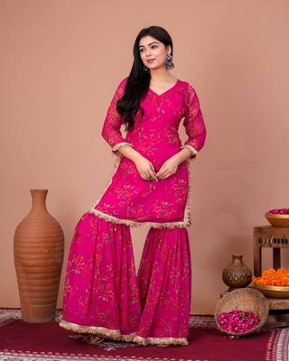Pink chiffon embroidered kurta sets 4