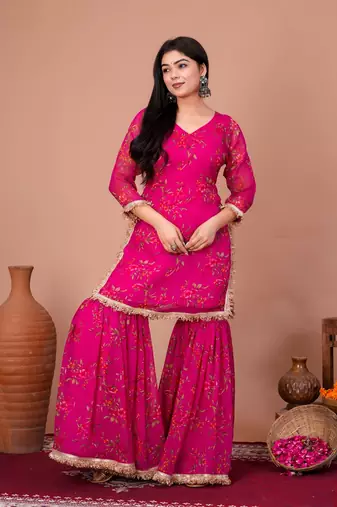 Pink chiffon embroidered kurta sets