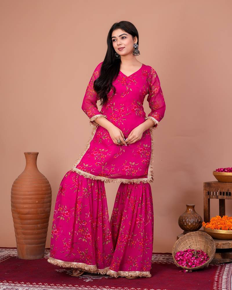 Pink chiffon embroidered kurta sets