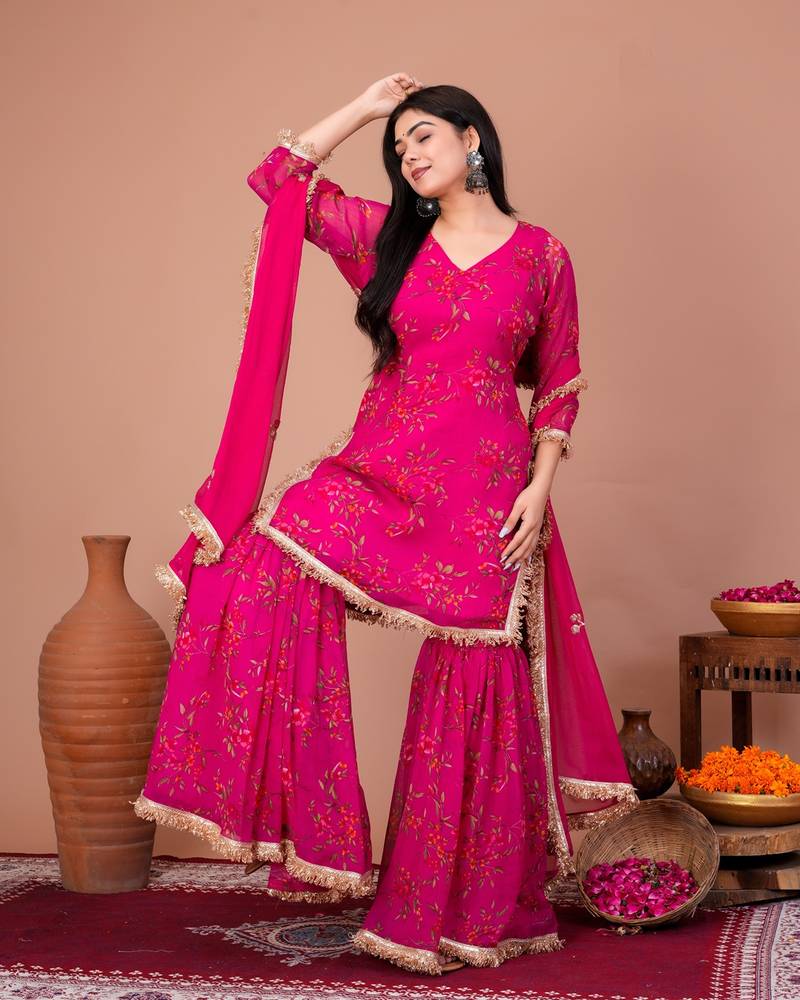 Pink chiffon embroidered kurta sets