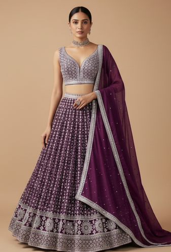 DARK MAGENTA SEQUENCE EMBROIDERY GEORGETTE LEHENGA WITH BLOUSE