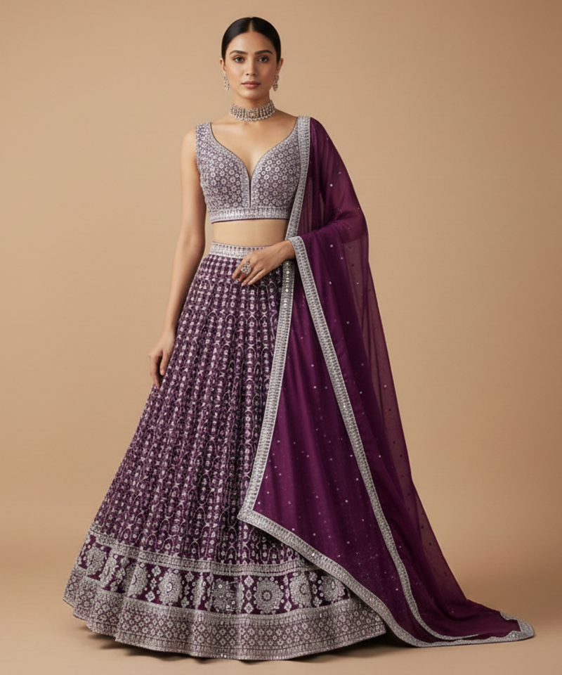 DARK MAGENTA SEQUENCE EMBROIDERY GEORGETTE LEHENGA WITH BLOUSE
