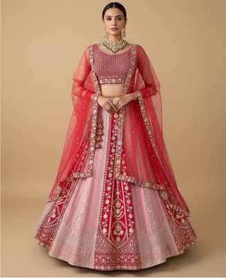 pink red velvet zari embroidered bridal lehenga set 1