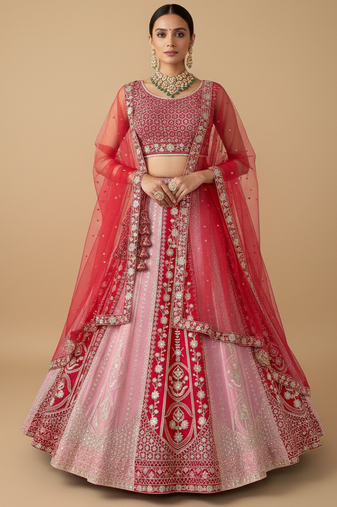 pink red velvet zari embroidered bridal lehenga set