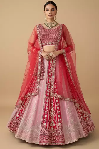 pink red velvet zari embroidered bridal lehenga set