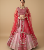 pink red velvet zari embroidered bridal lehenga set