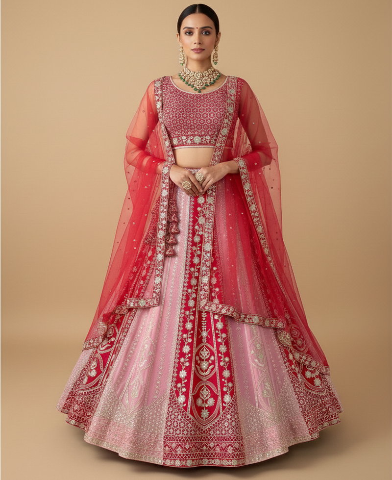 pink red velvet zari embroidered bridal lehenga set