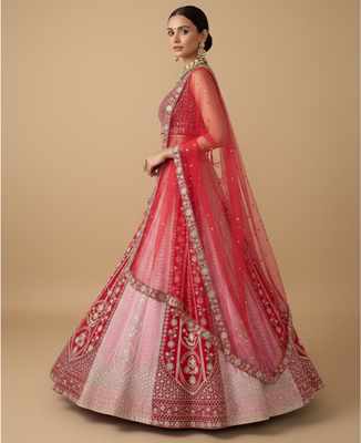 pink red velvet zari embroidered bridal lehenga set 5