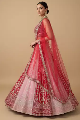 pink red velvet zari embroidered bridal lehenga set