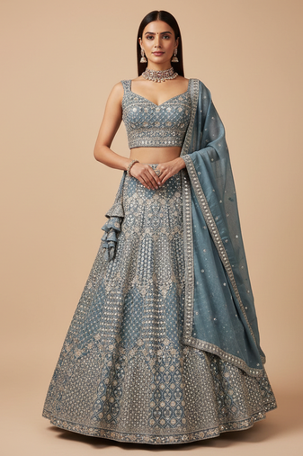 steel blue sequin embroidered lehenga choli set