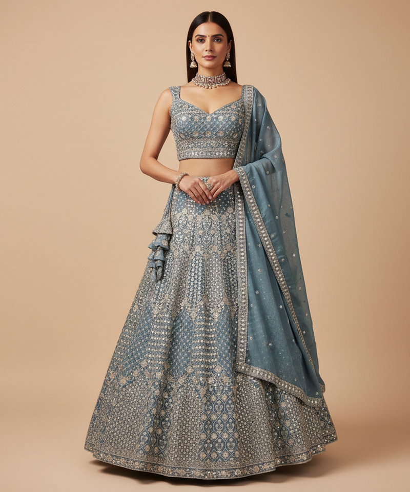 steel blue sequin embroidered lehenga choli set