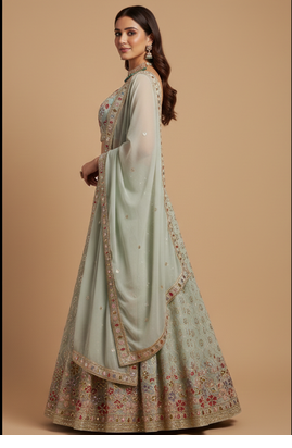 mint white floral embroidered lehenga with dupatta 5