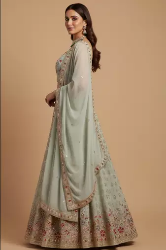 mint white floral embroidered lehenga with dupatta