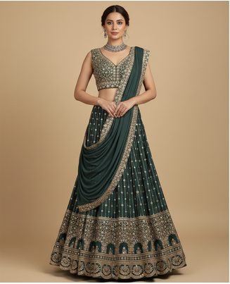 emerald green embroidered lehenga set with dupatta 1