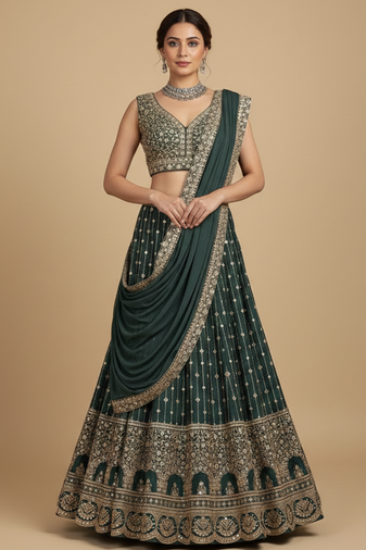 emerald green embroidered lehenga set with dupatta