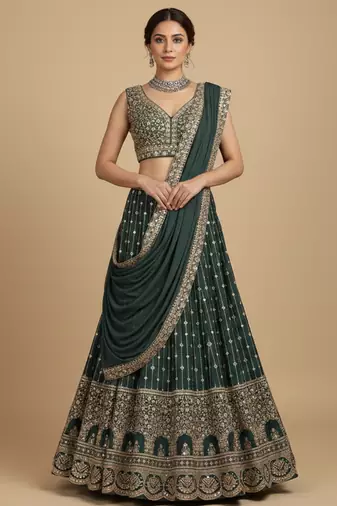 emerald green embroidered lehenga set with dupatta