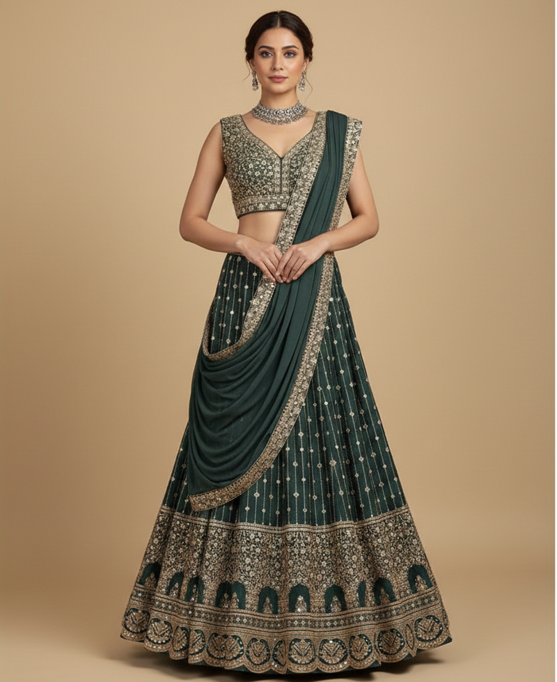emerald green embroidered lehenga set with dupatta