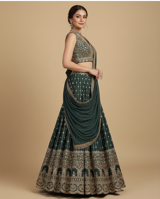 emerald green embroidered lehenga set with dupatta 6