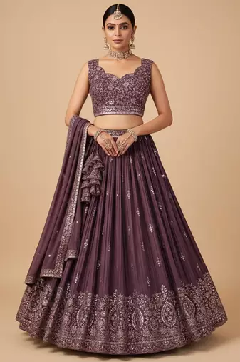 wine embroidered lehenga choli set with dupatta