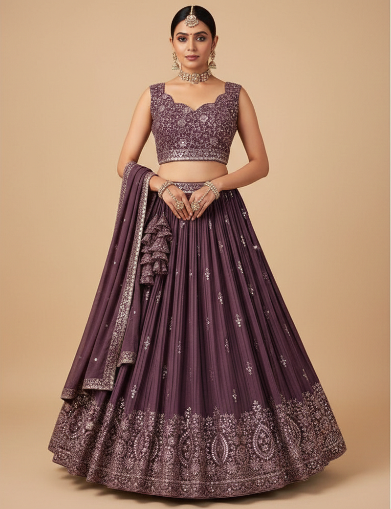 wine embroidered lehenga choli set with dupatta