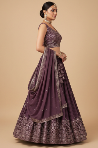 wine embroidered lehenga choli set with dupatta