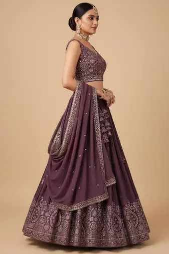 wine embroidered lehenga choli set with dupatta