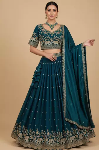 royal teal elephant motif lehenga set