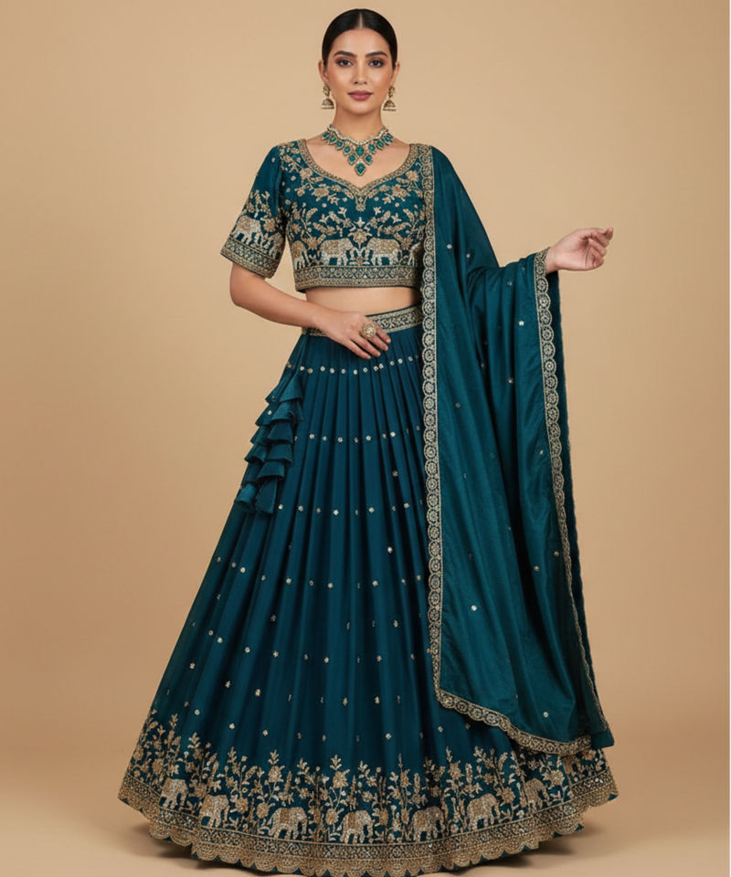 royal teal elephant motif lehenga set