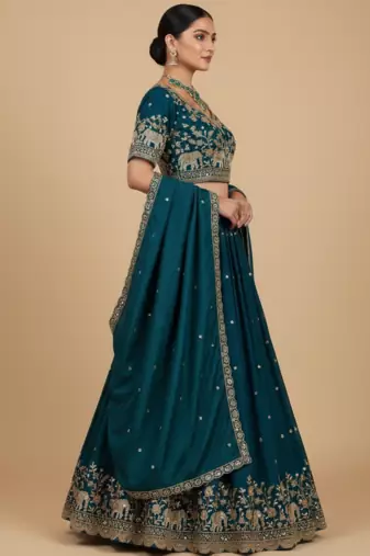 royal teal elephant motif lehenga set
