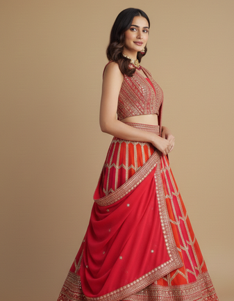 Multicolor Zari Sequin Georgette Lehenga set with choli and dupatta