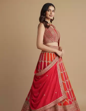 Multicolor Zari Sequin Georgette Lehenga set with choli and dupatta