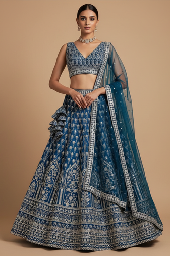 Navy Zari Sequin Georgette Lehenga set with choli and dupatta