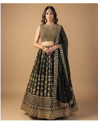 Dark Green Sequin Embroidery Georgette Lehenga With Blouse 5