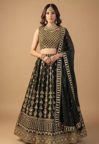 Dark Green Sequin Embroidery Georgette Lehenga With Blouse