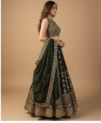 Dark Green Sequin Embroidery Georgette Lehenga With Blouse 6