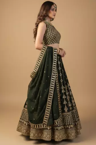 Dark Green Sequin Embroidery Georgette Lehenga With Blouse