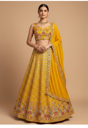 yellow floral embroidered lehenga with dupatta 1