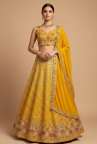 yellow floral embroidered lehenga with dupatta